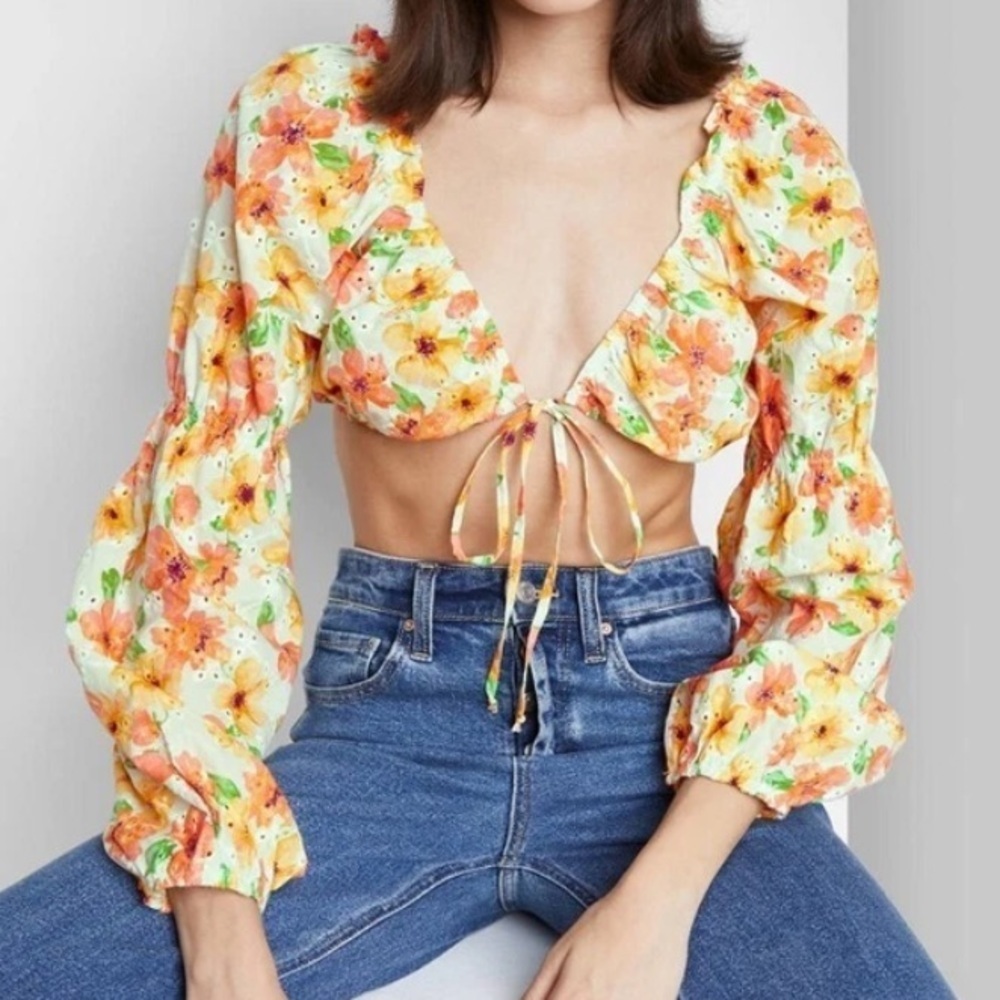 Wild Fable Puff Long Sleeve Alkaid Tiny Top Floral Eyelet Front Tie Size M